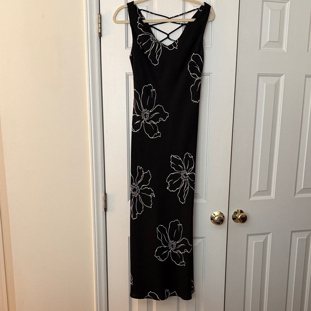Black Maxi Dress with White Floral Print and Crisscross Back